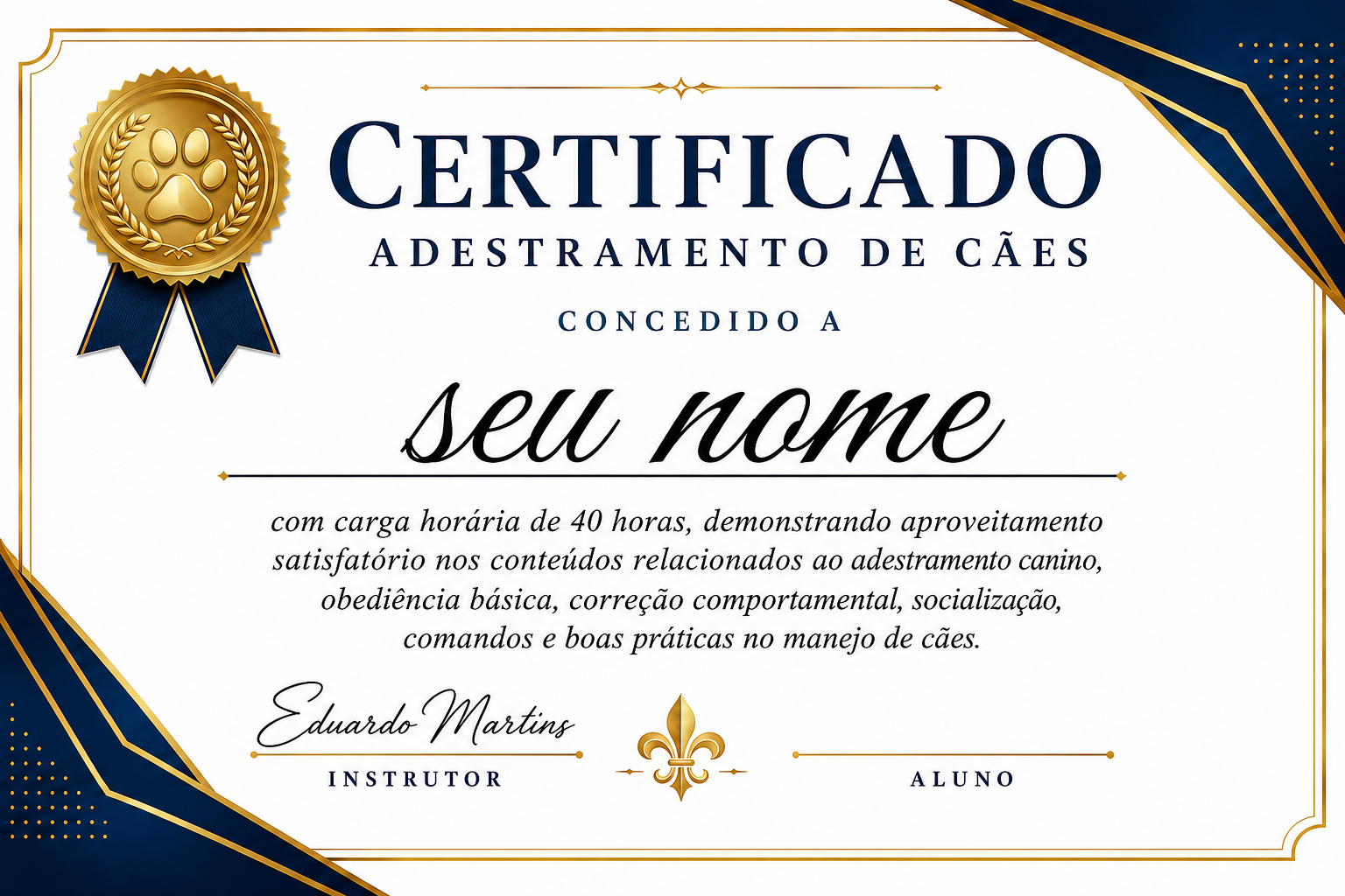 Certificado de conclusão do curso Cão Educado em Casa